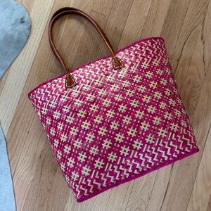 NEW Le comptoir de la Plage woven straw raffia beach bag pink natural leather